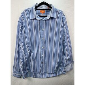 Tallia Casual Dress Shirt XL Size 17.5 Blue Multi Striped Flip Cuffs Cotton EUC